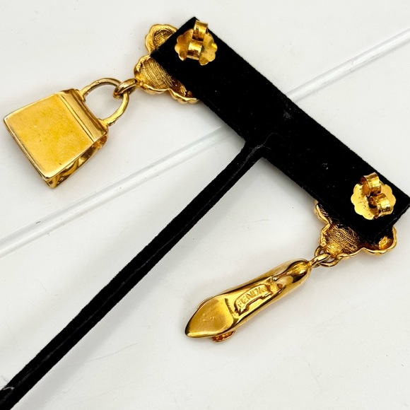 RARE Vintage Gold Fendi Shoe & Purse Earrings & BROOCH Set - Picture 9 of 11